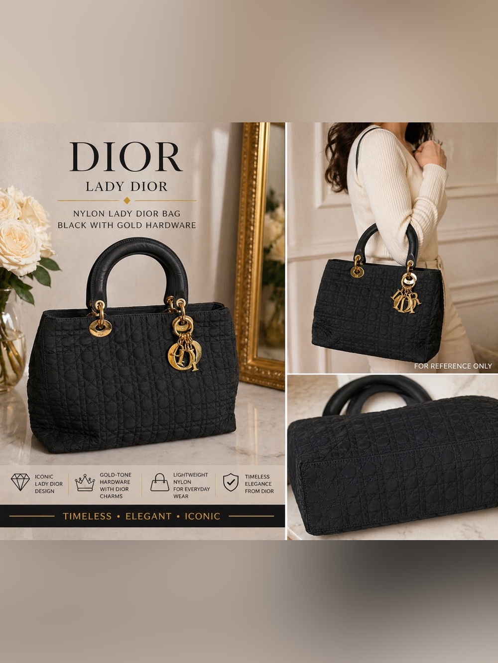 Dior Lady Dior Nylon Cannage Tote Black Gold Charm Medium Handbag - Picture 5 of 5